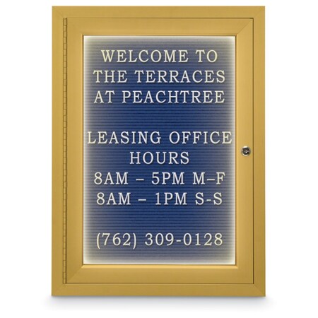 United Visual Products 18"x24" 1-Door Enclosed Outdoor Letterboard, Header, Blue Felt/Gold UV1186HD-GOLD-BLUE